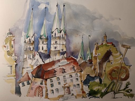 Farbenfrohe Aquarellansicht einer Stadt mit hohen Türmen und historischen Gebäuden.