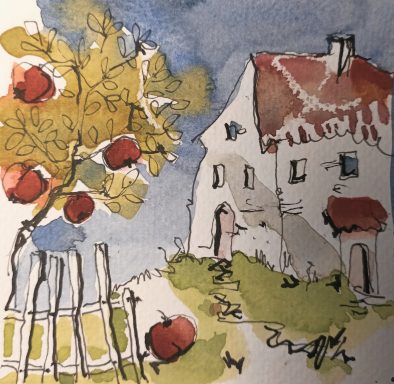 Einladendes Haus mit rotem Dach, umgeben von einem Apfelbaum und grünem Gras.