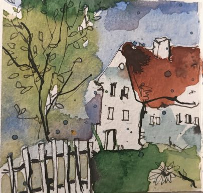 Buntes Aquarell eines Hauses mit roten Dach, Baum und Zaun im Freien.