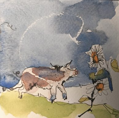Eine braune Kuh läuft neben einer blühenden Blume unter einem blauen Himmel.