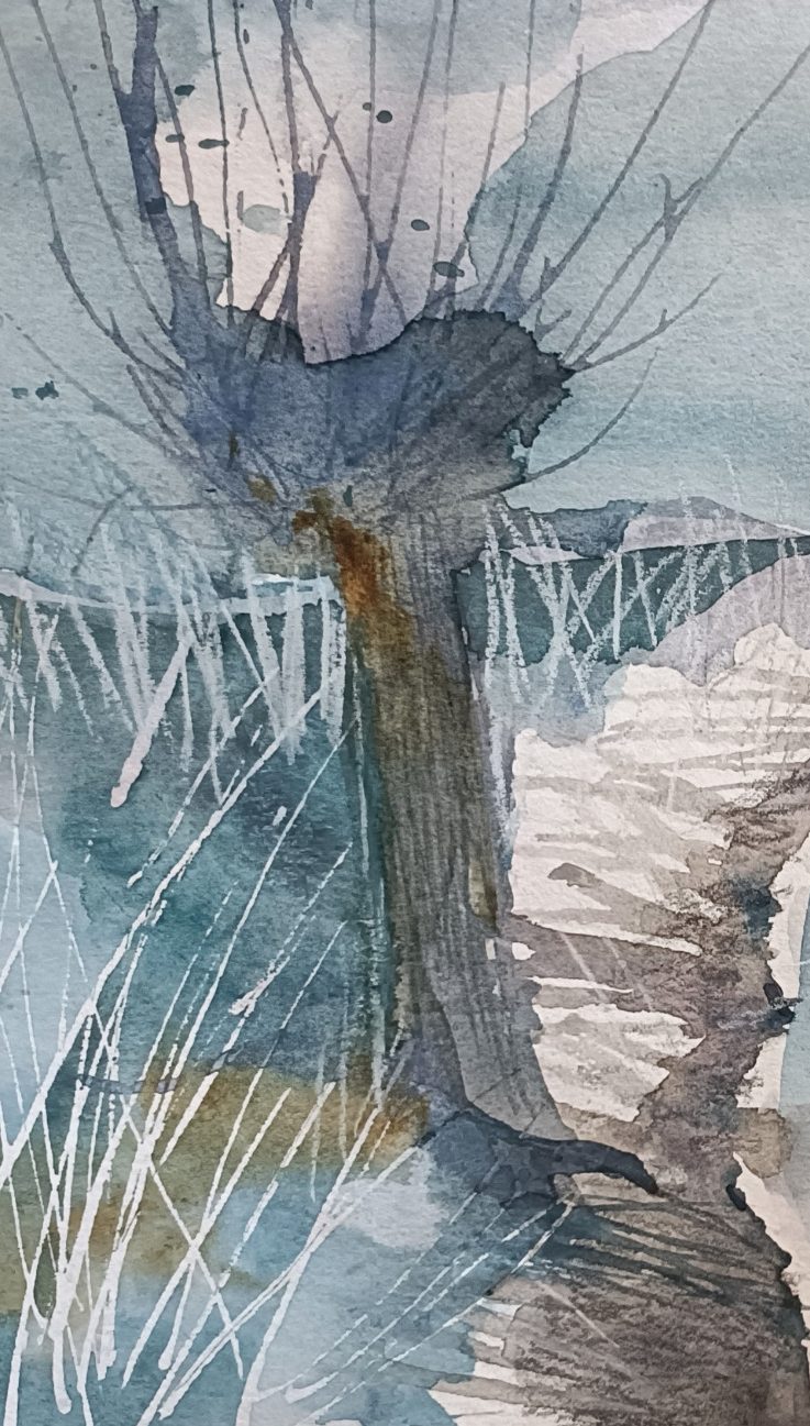 Beitrag zur Ausstellung Kunstturm24 Blick auf einen schmalen  Wasserlauf zwischen zwei Kopfweiden, Mischtechnik Aquarell, Kreide, Bleistift 