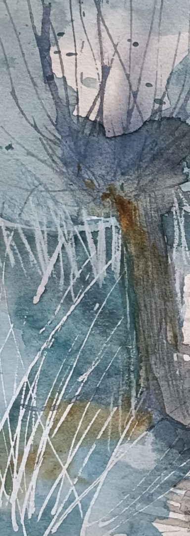 Blick auf einen schmalen  Wasserlauf zwischen zwei Kopfweiden, Mischtechnik Aquarell, Kreide, Bleistift